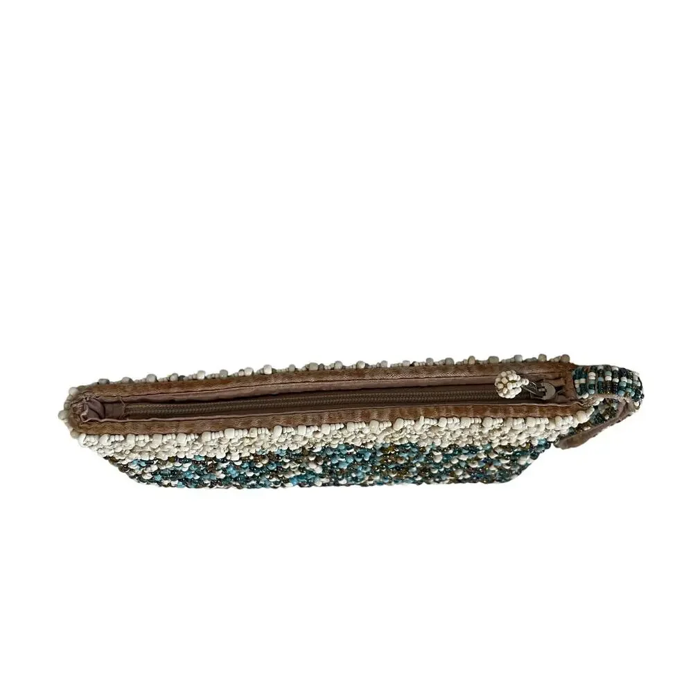 Glass Beaded Mini Wristlet Clutch Y2K Boho Evening Bag Multicolor Blue Cream